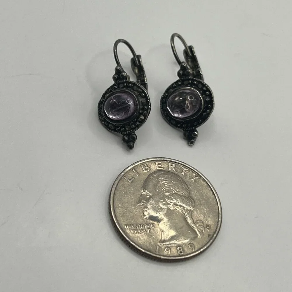 Vintage‎ Pierced Earrings Silver Tone Marcasite Purple Glass Stone
